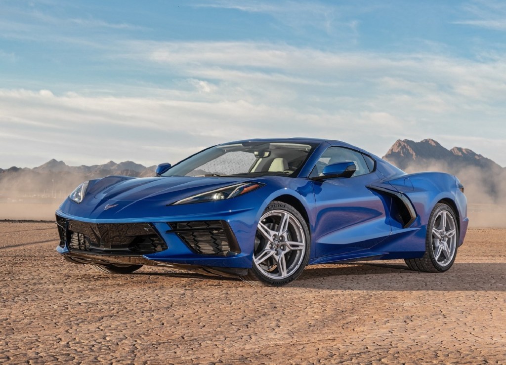 A blue 2021 Chevrolet Corvette Stingray in the desert