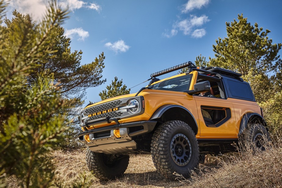 A yellow 2021 Ford Bronco SUV under a blue sky