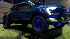 The front 3/4 view of the blue 2021 Ford F-150 Rocket League Edition IRL