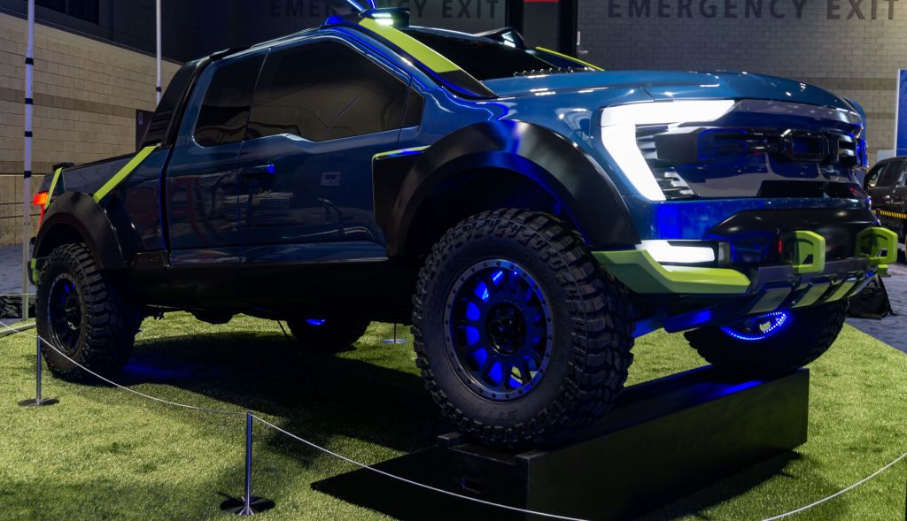 The front 3/4 view of the blue 2021 Ford F-150 Rocket League Edition IRL