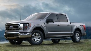A grey 2021 Ford F-150 parked in grass on a cloudy day