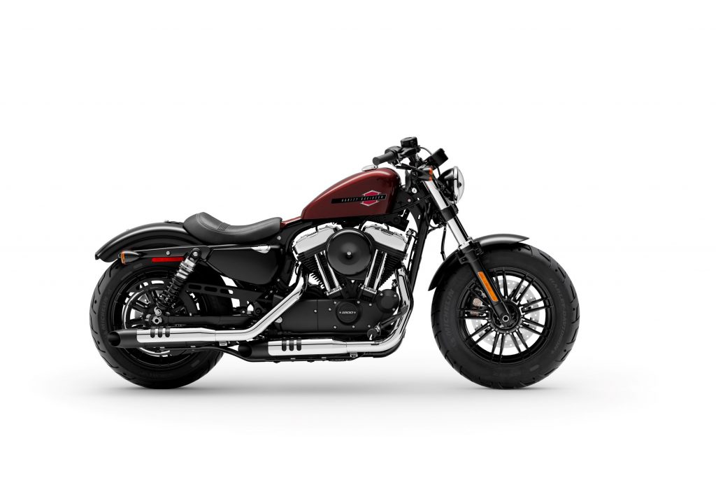 The side view of a maroon 2021 Harley-Davidson Forty-Eight