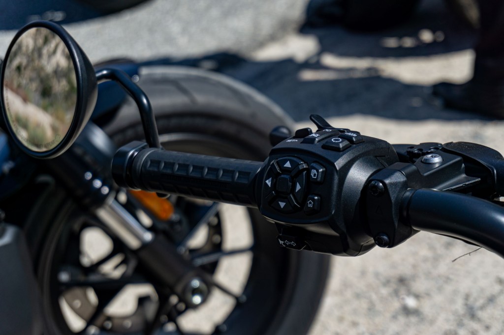 A closeup view of a 2021 Harley-Davidson Sportster S's left handlebar