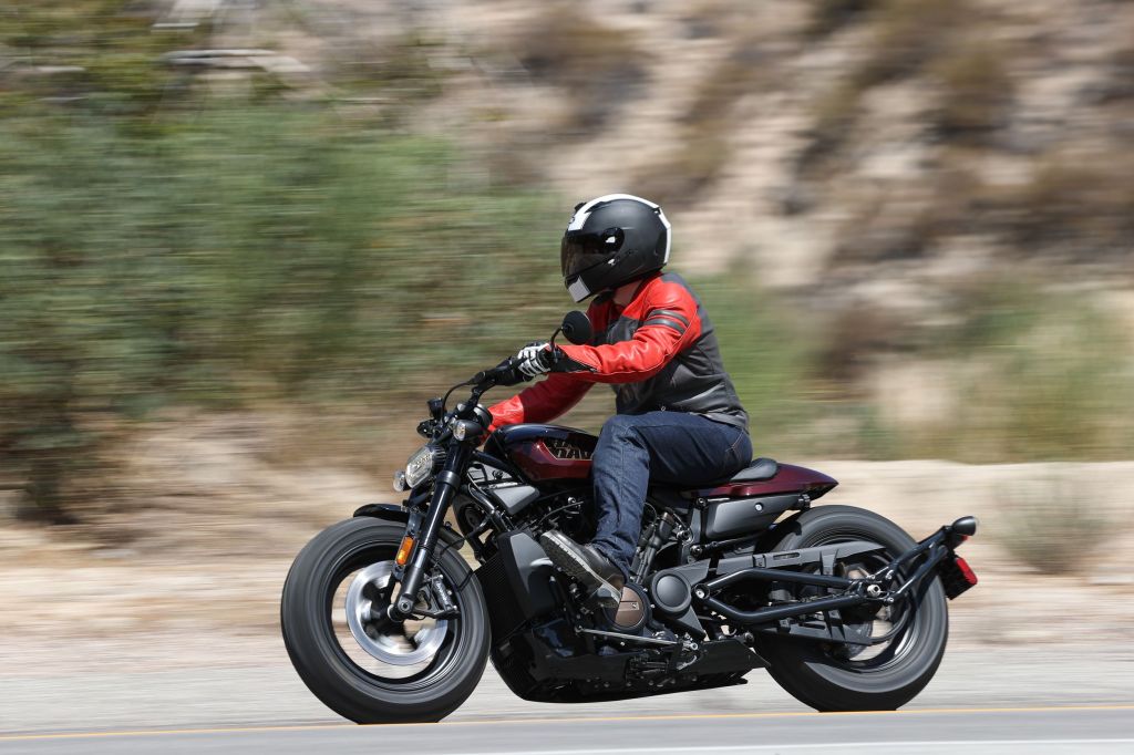 Riding a maroon 2021 Harley-Davidson Sportster S on the Angeles Crest Highway