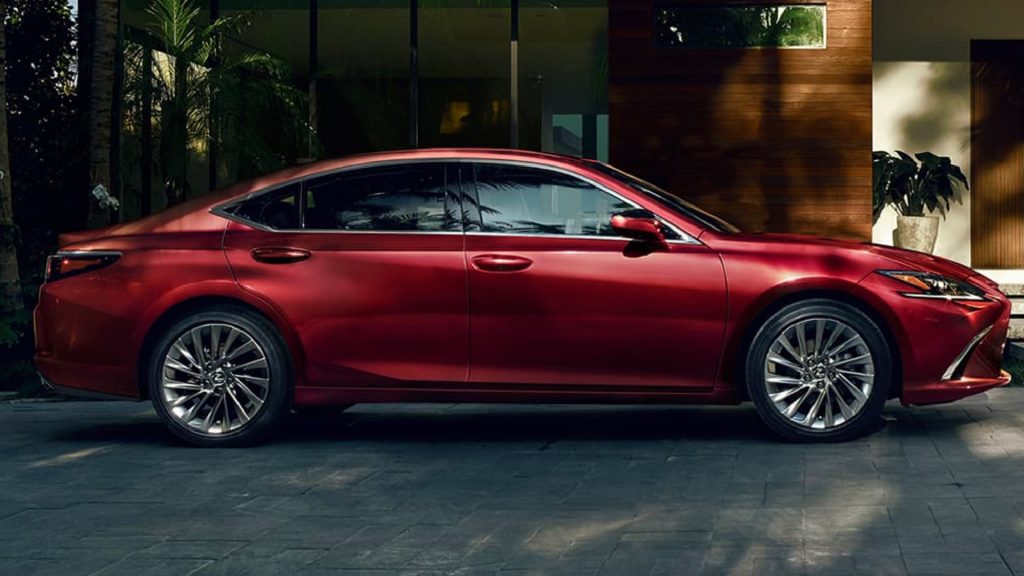 A red 2021 Lexus ES Hybrid. 