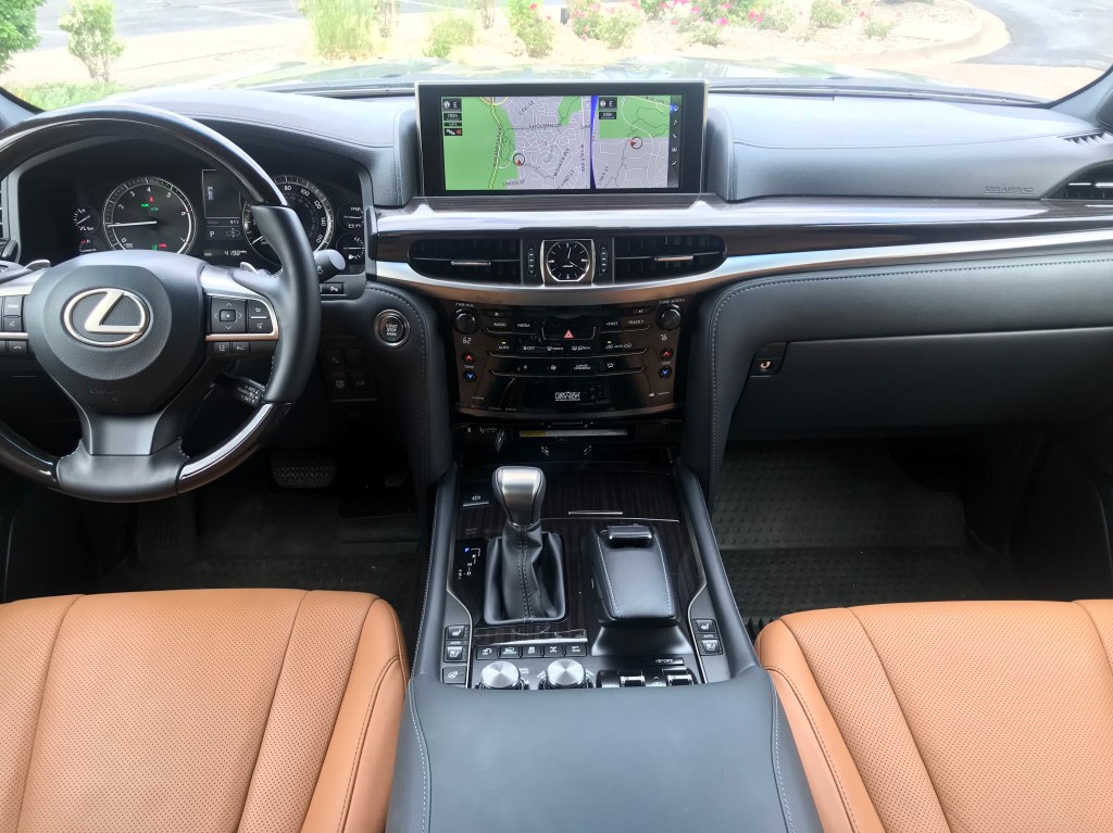 Interior shot of the 2021 Lexus LX 570 as it sits in a parking lot driveway for our full review.