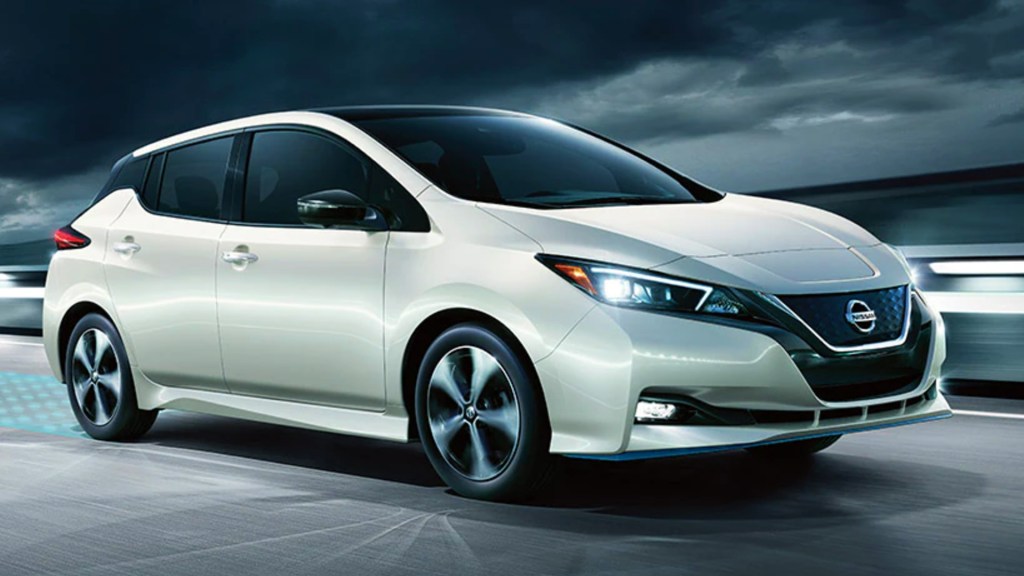 A white 2021 Nissan LEAF electric vehicle. 