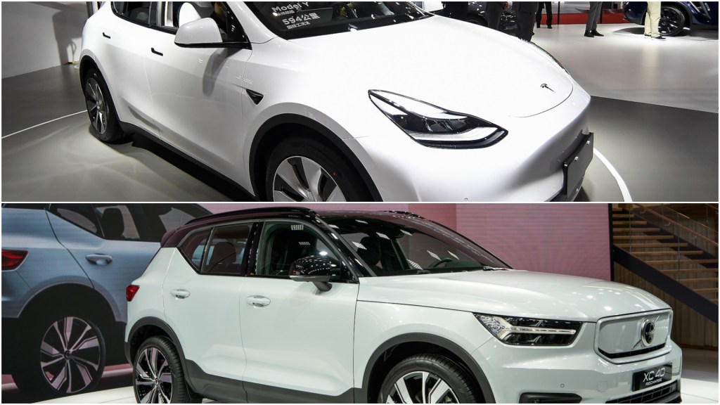 A photo collage of a 2021 Tesla Model Y above a 2021 Volvo XC40 Recharge electric crossover SUV