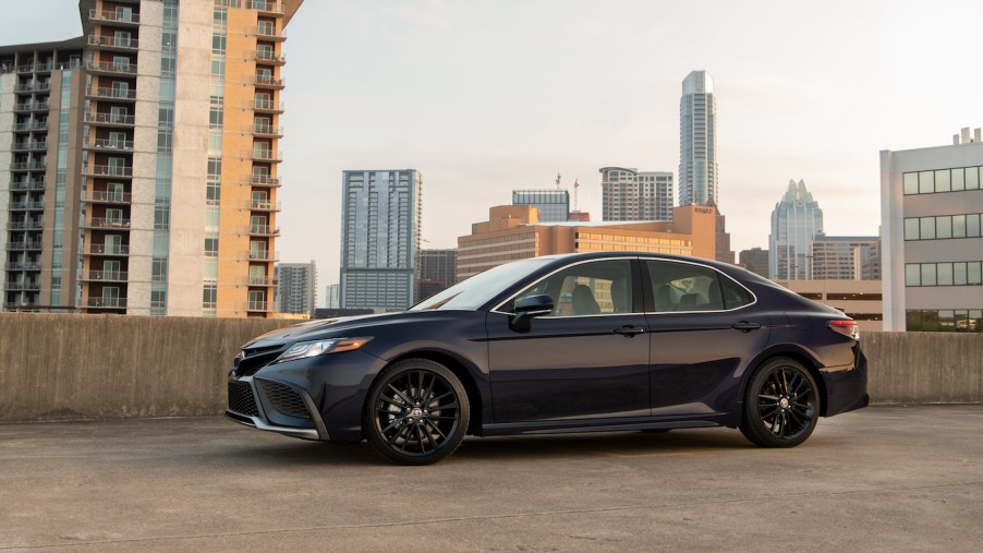 A black 2021 Toyota Camry parked, the 2021 Toyota Camry is one of the best new Toyota models
