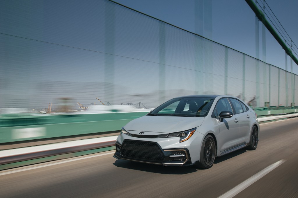 A grey 2021 Toyota Corolla Apex driving, the Corolla is one of the cheapest new cars