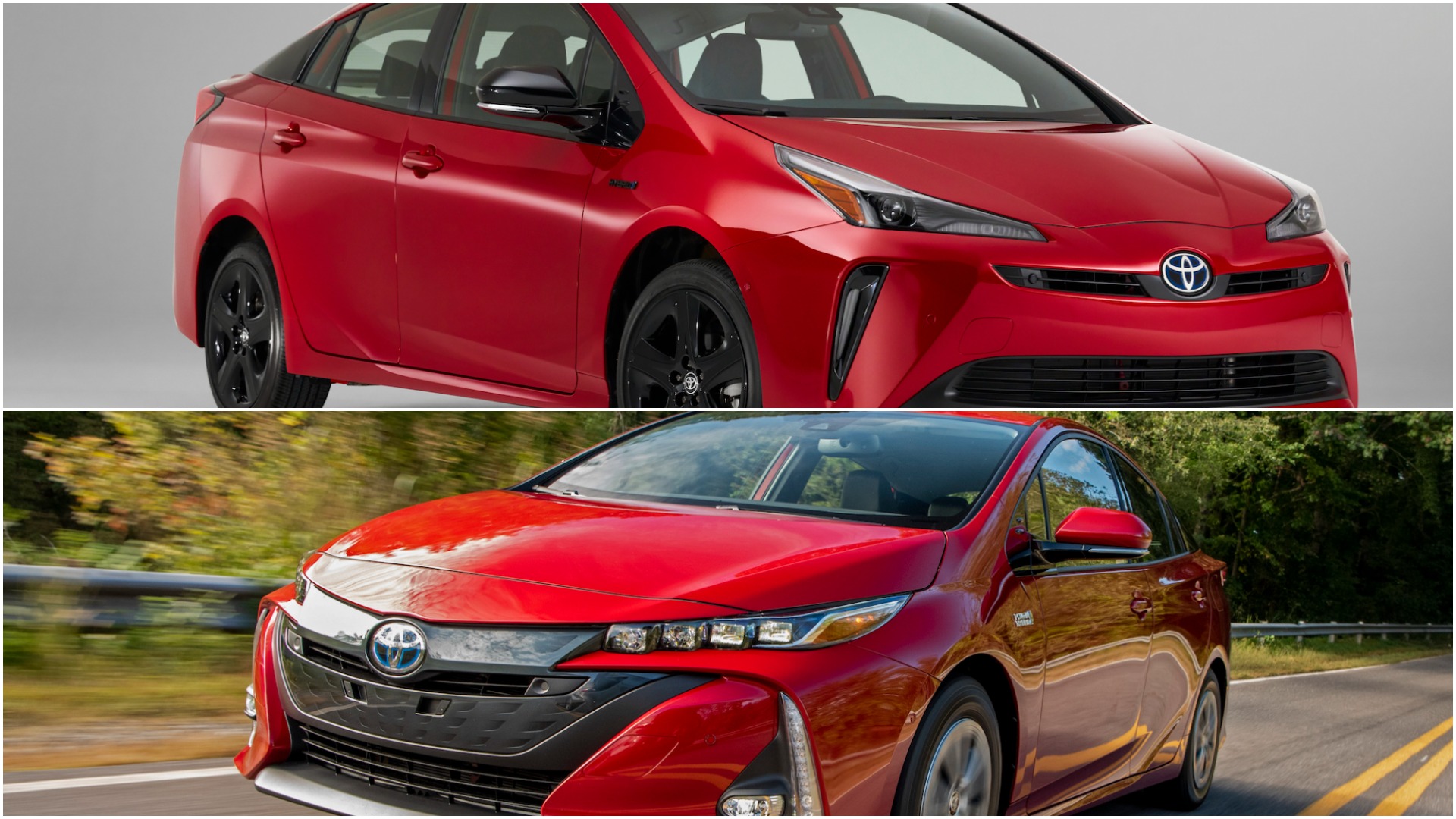 A collage of a red 2021 Toyota Prius hybrid car above and a red 2021 Toyota Prius Prime PHEV