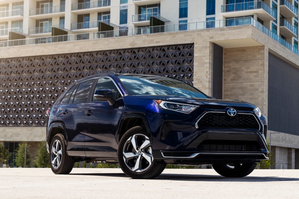 A blue 2021 Toyota RAV4 Prime parked, the 2021 Toyota RAV4 Prime is one of the best AWD SUVs of 2021
