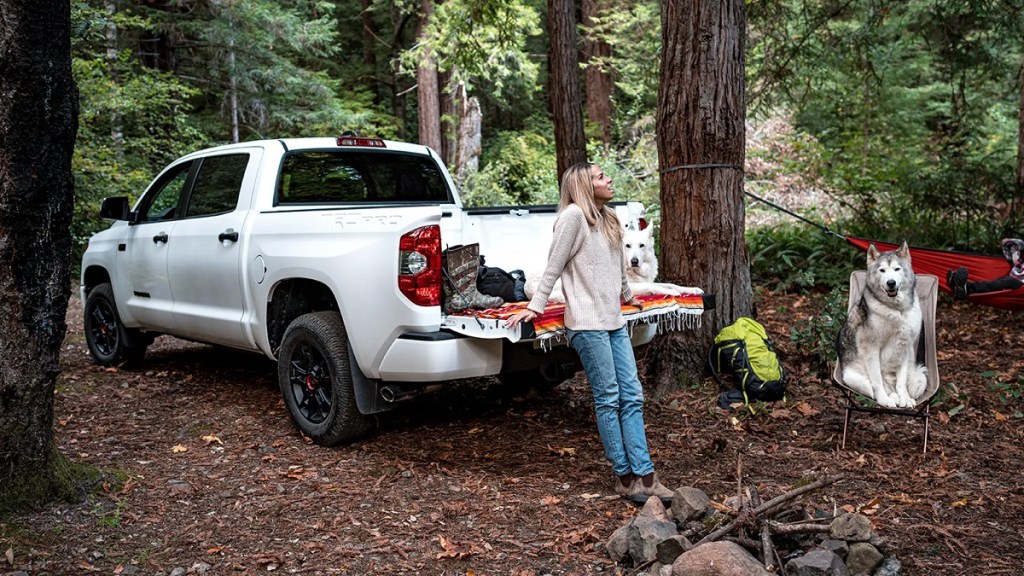 A woman and two dogs hang out with a 2021 Toyota Tundra at a campsite. 