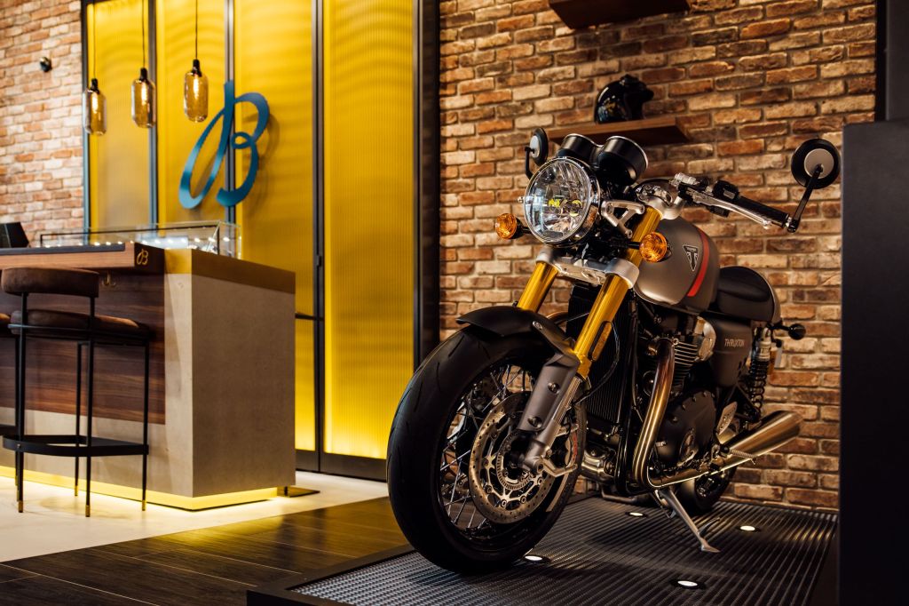 A black-silver-and-red 2021 Triumph Thruxton RS on display at the Breitling Boutique in Hamburg