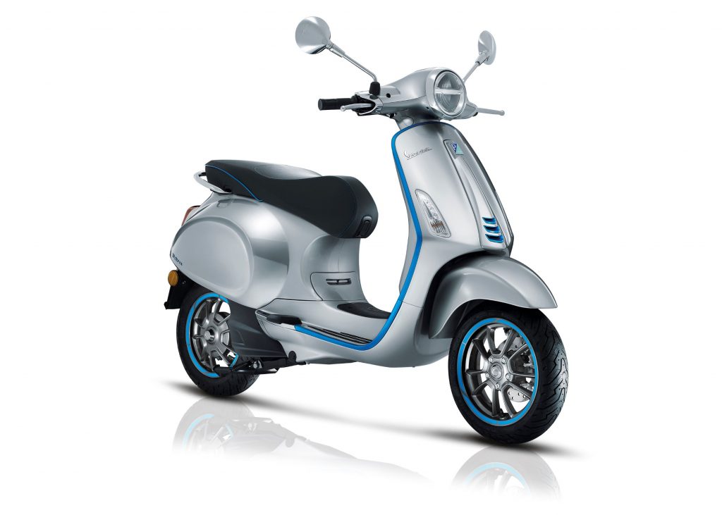 A silver-and-blue 2021 Vespa Elettrica