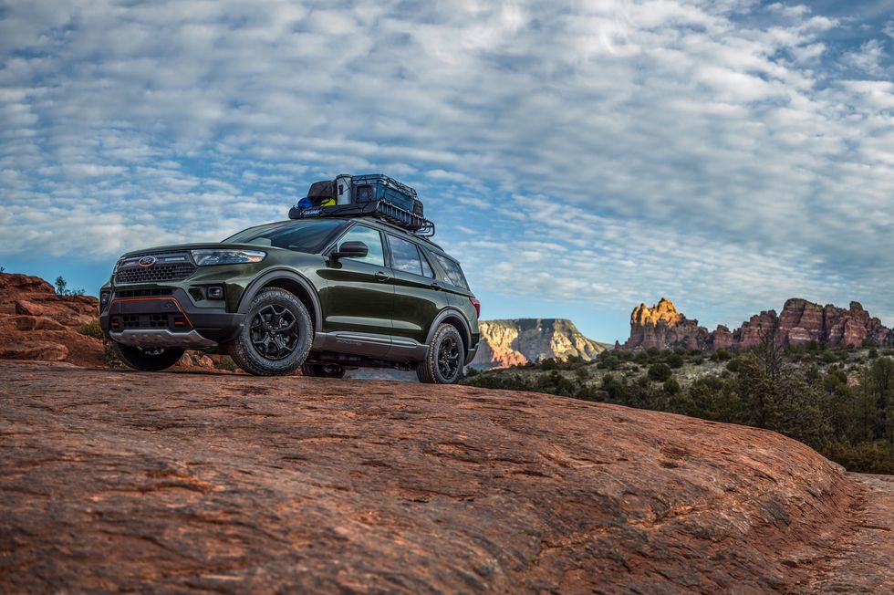 A 2021 Ford Explorer Timberline parked on a rock 