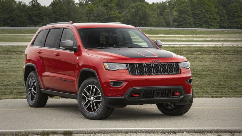 A red 2021 Jeep Grand Cherokee parked in a lot 