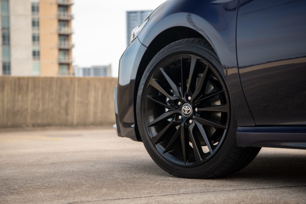 A black wheel shown on a 2021 Toyota Camry 