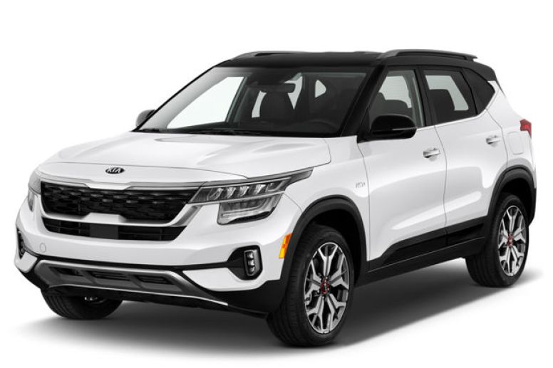 A white 2021 Kia Seltos on a white background