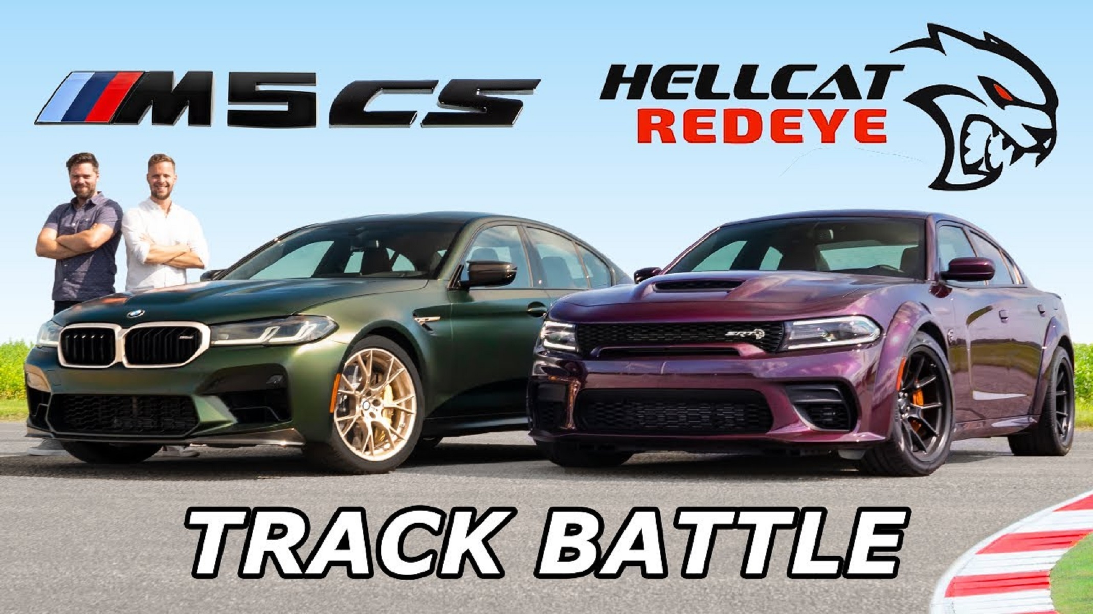 The Throttle House co-hosts next to a green 2022 BMW M5 CS and a purple 2021 Dodge Charger Hellcat Redeye Widebody on a racetrack