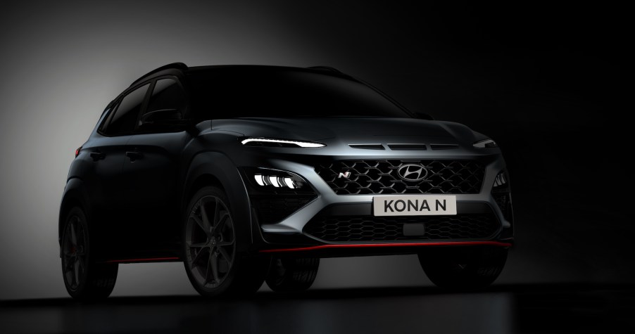 A dark-gray metalllic 2022 Hyundai Kona N subcompact crossover SUV