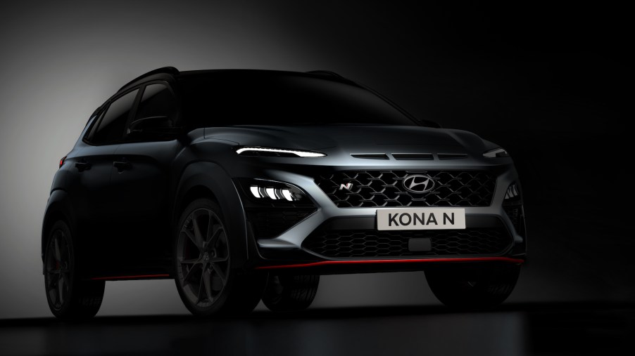 A dark-gray metalllic 2022 Hyundai Kona N subcompact crossover SUV