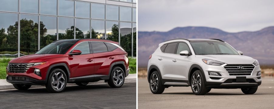 A dark red 2022 Hyundai Tucson compact SUV model and a white 2021 Hyundai Tucson compact SUV model