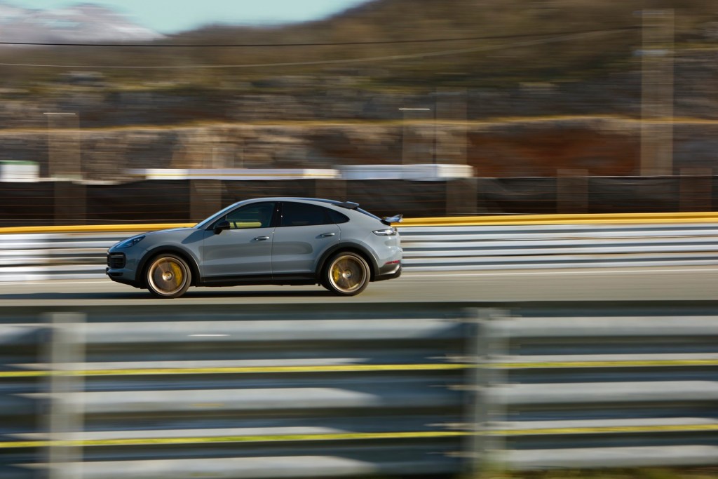 The 2022 Porsche Cayenne Turbo GT looking like the fastest SUV ripping down the track
