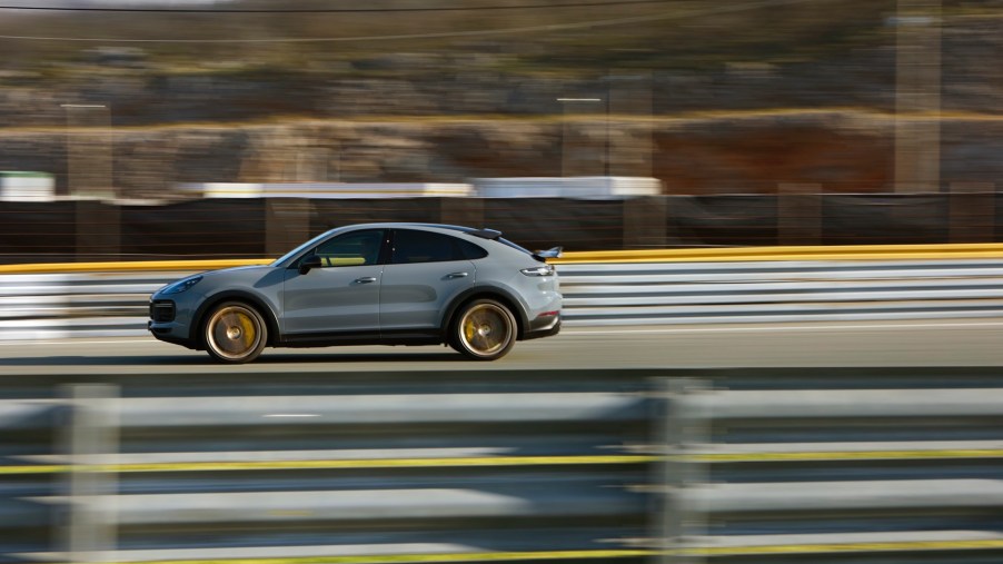 The 2022 Porsche Cayenne Turbo GT looking like the fastest SUV ripping down the track