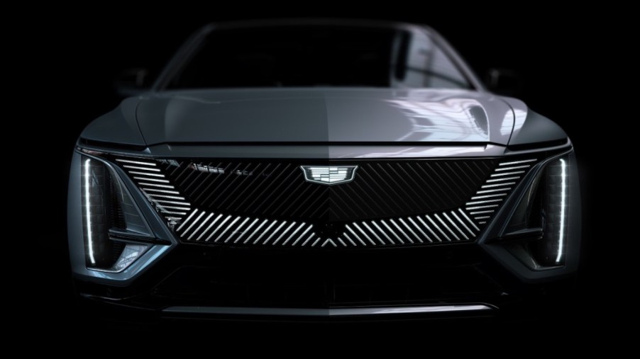 A head-on view of a gray 2023 Cadillac Lyriq electric SUV's hood and grille.