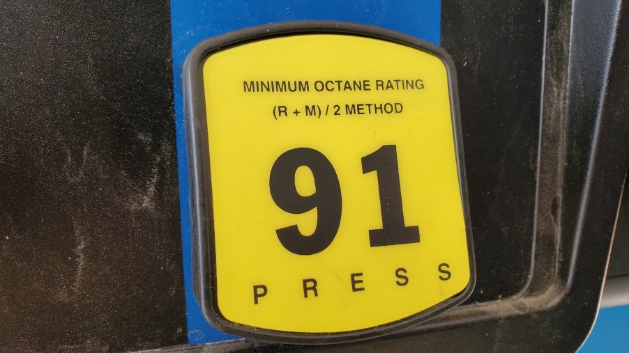 A 91-octane label for premium gas on a fuel pump at a gas station in San Ramon, California, in August 2020