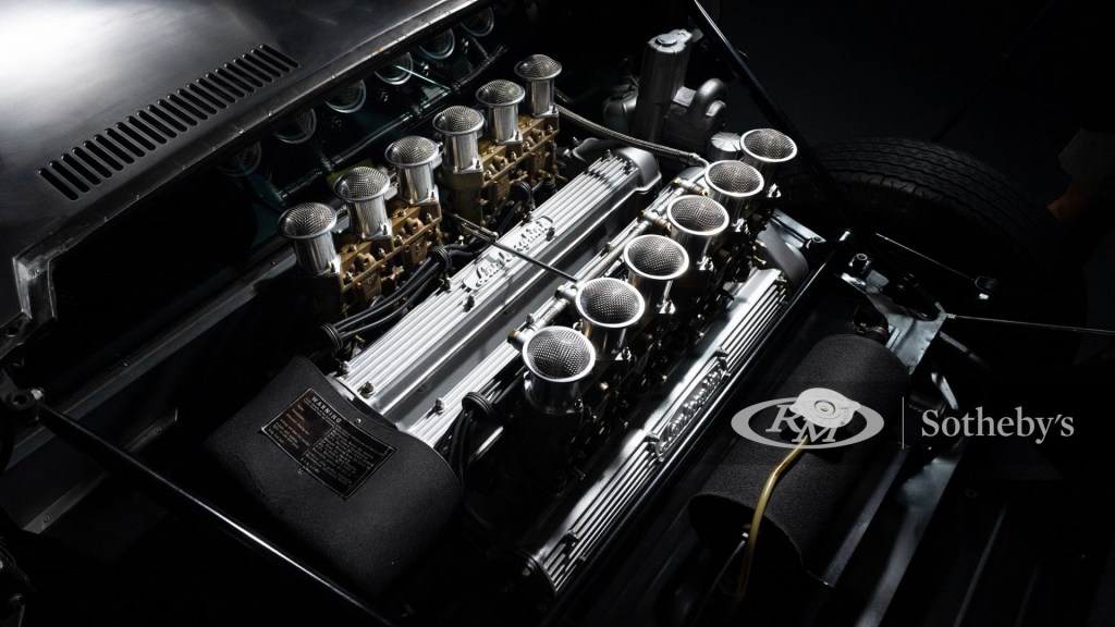 The Miura's famous transversely-mounted V12 with individual velocity stacks