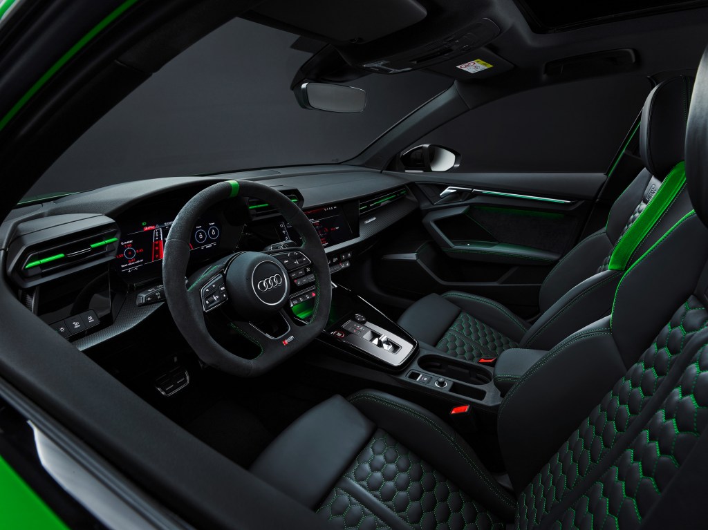 The Kyalami Green accented interior of the new RS3 sedan