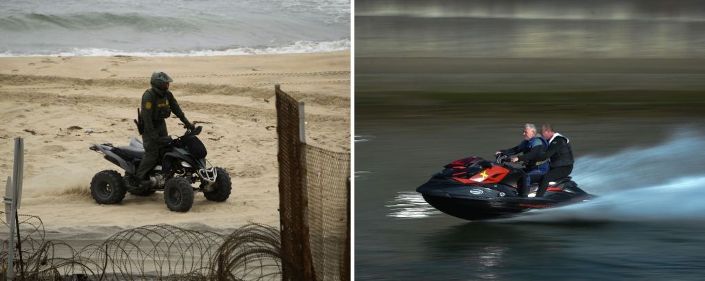 An ATV on a beach and a jet ski on the water