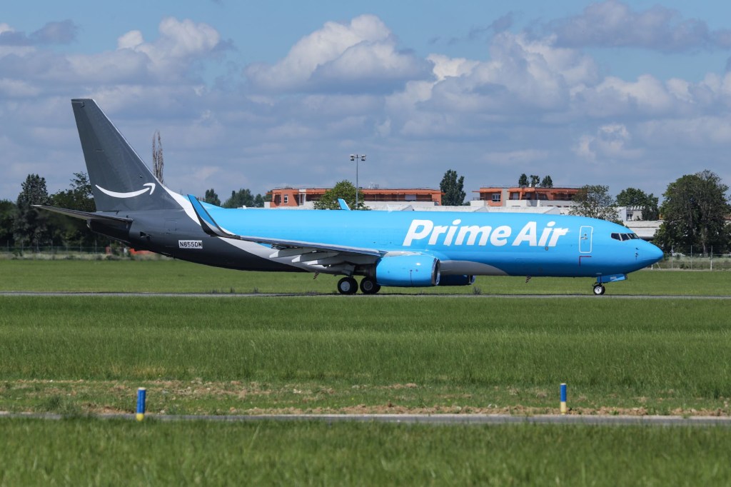An Amazon Prime Air Boeing 737 aircraft parked at the Le Bourget Airport LBG in France