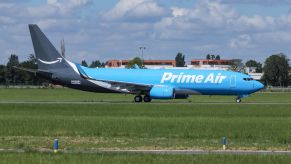 An Amazon Prime Air Boeing 737 aircraft parked at the Le Bourget Airport LBG in France