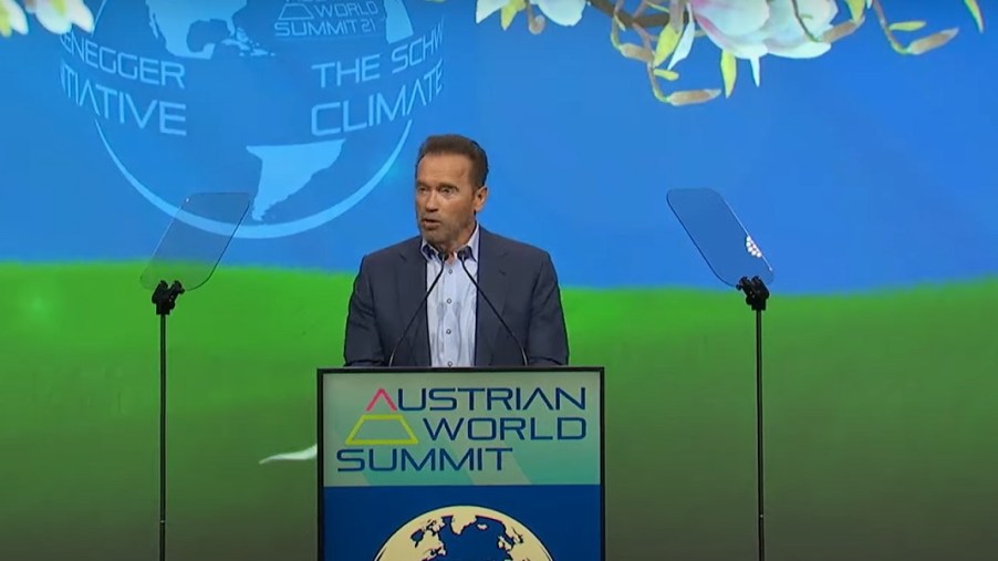 Arnold Schwarzenegger gives a speech at the Austrian World Summit.
