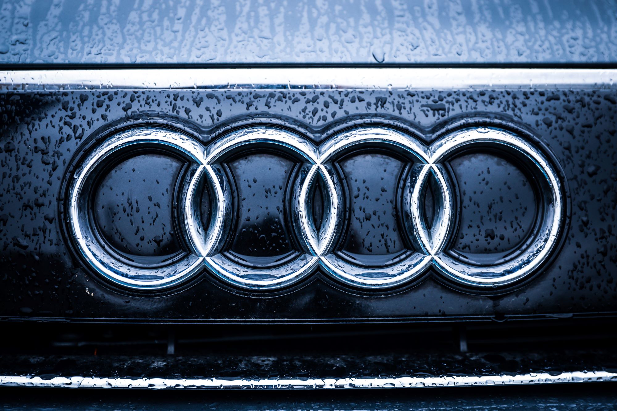 Audi's logo of the four connected rings are placed on a black background of a car grille with raindrops.