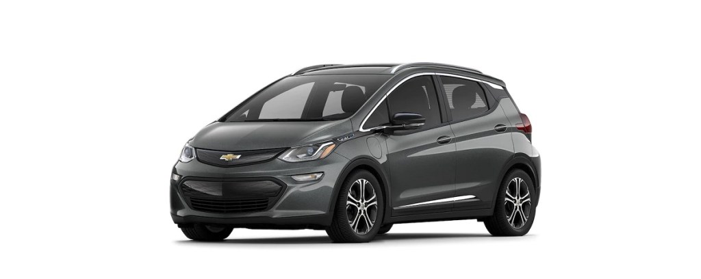 A gray Chevy Bolt against a white background. 