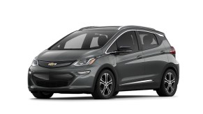 A gray Chevy Bolt against a white background.