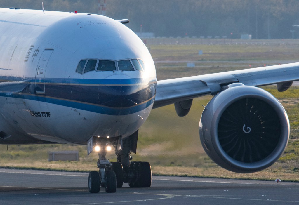 A Chinese Boeing 777F cargo airplane taxis for take-off at Frankfurt Airport in April 2021