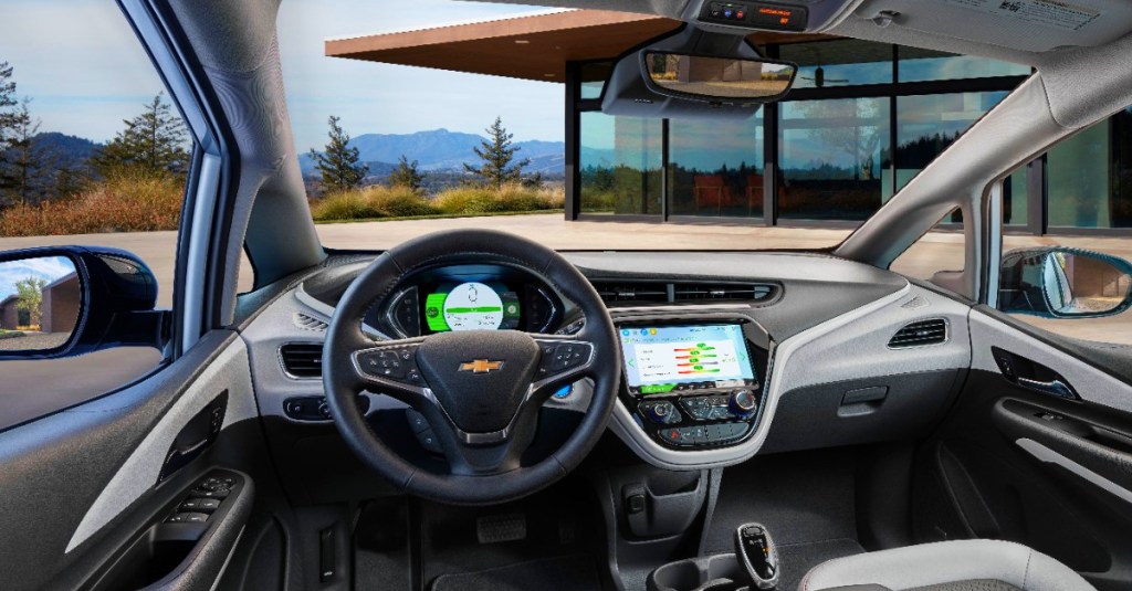 The interior of a Chevrolet Bolt electric car. 
