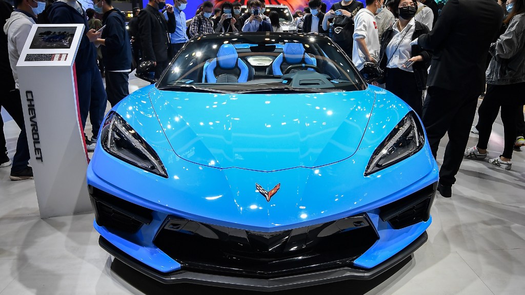 A blue Chevrolet Corvette sports car. 