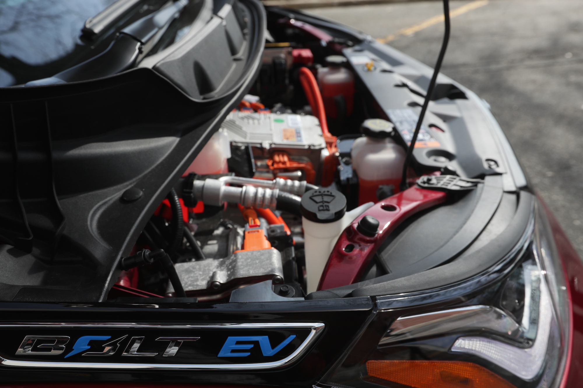 Under the hood of a Chevy Bolt EV in Boston on April 12, 2017