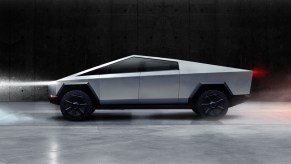 The silver forthcoming Tesla Cybertruck. The Cybertruck will have four-wheel steering.