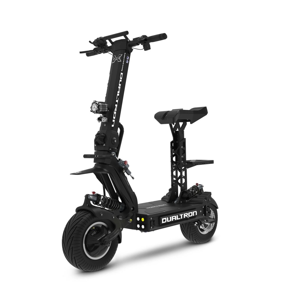 A black Dualtron X2 electric motorized scooter with the optional seat