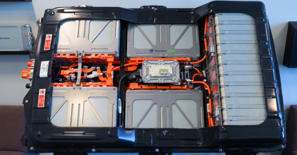 A battery from a Nissan Leaf electric vehicle is on show in the foyer of the Envision battery manufacturing plant at Nissan's plant in Sunderland, north east England on July 1, 2021.