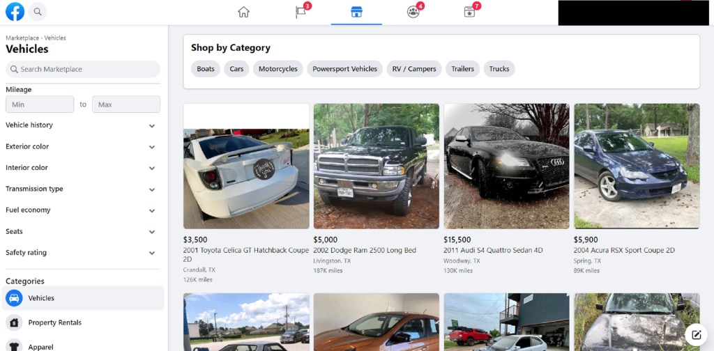 The landing page of the Facebook Marketplace cars section