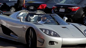Floyd Mayweather Jr. arrives at the Mayweather Boxing Club in his new $4.8 million Koenigsegg CCXR Trevita hypercar for a workout in August 2015 in Las Vegas