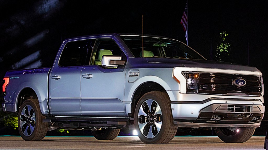 A silver Ford F-150 Lightning electric pickup truck. 